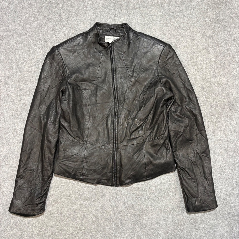 Newport News Easy Style Black Leather Jacket Mock Neck Zip Front M3545 Womens M
